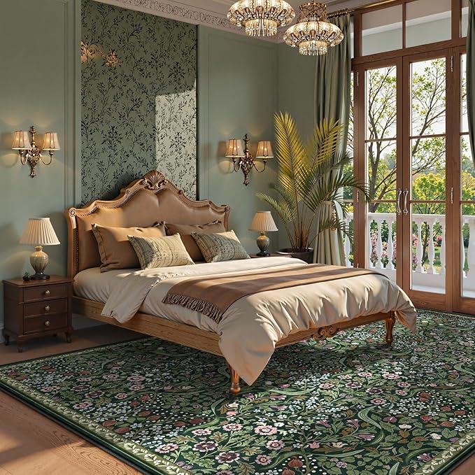 Lahome Floral Area Rugs 9x12 Living Room, Green Soft Bedroom Rugs Non Slip, Thin Dining Room Carpet, Non Shedding Print Carpets for Guestroom