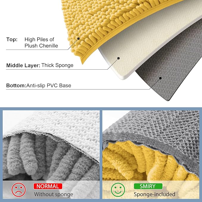 Smiry Luxury Chenille Bathroom Rugs 30x20, Extra Soft and Absorbent Shaggy Bath Mat, Machine Washable, Non-Slip Plush Carpet Runner for Tub, Shower, and Floor, Home Decor Accessories, Yellow