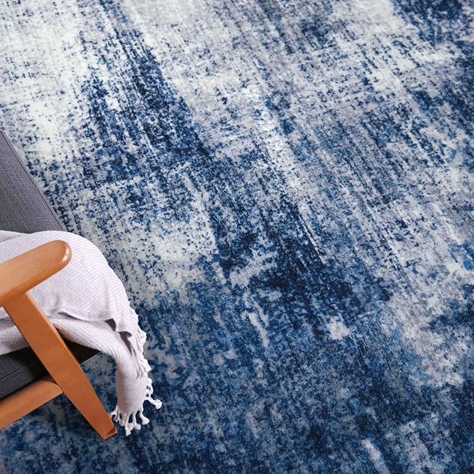 IOHOUZE Round Area Rug 5 Ft Circle Entryway Rugs Round Washable Door Mat Indoor Entrance, Non Slip Circle Front Door Rug, Printed Abstract Faux Wool Floor Carpet for Foyer Porch Sink, Navy/Grey