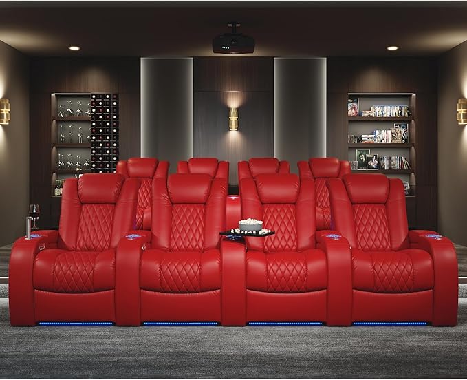 Seatcraft Diamante - Home Theater Seating - Living Room - Power Recline - Italian Leather - Powered Headrests - Cupholders - USB Charging - Ambient Lighting - Arm Storage, Red, Row of 3