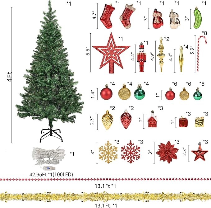 4ft Artificial Christmas Tree with Lights and Ornaments, Small Prelit Xmas Tree with Hanging Balls (8 Modes) for Home Holiday Decoration, Gold+Red+Green