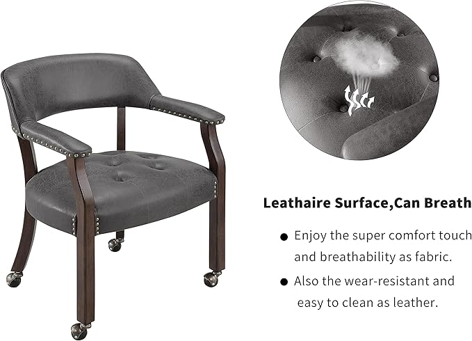 MODERION Modern Classic Dinning Chairs with Wheels and Arms, Office Desk Chairs, 31.5H for Living Room, Gray, Rubber Wood, Suede, Memory Foam, 260 lbs Capacity