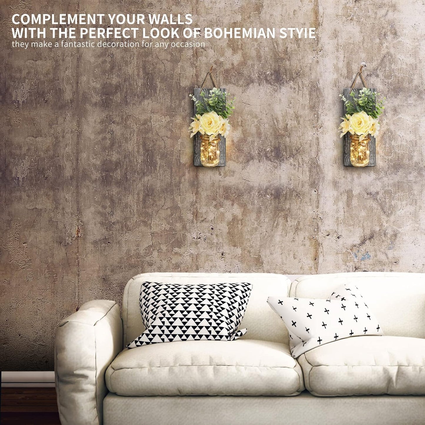 HOMKO Rustic Wall Decor, Mason Jars Wall Sconces with Remote LED Lights and Flowers, Hanging Rural Farmhouse Kitchen Bathroom Bedroom Living Room Home Decor Outdoor Indoor(Set of 2) - Rustic Grey