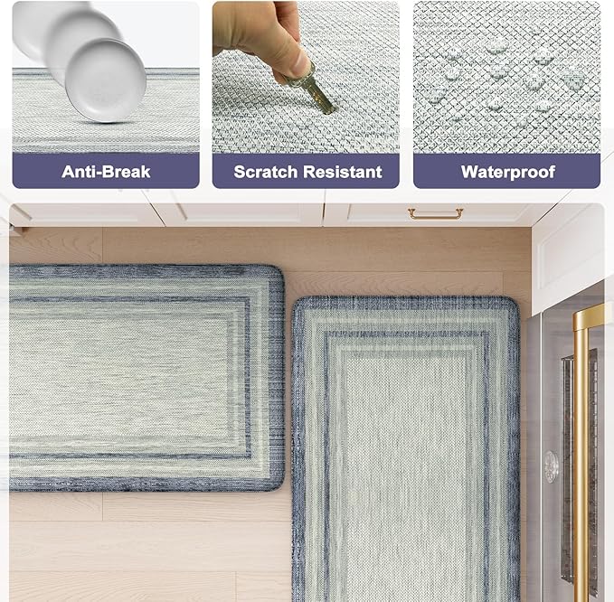 KIMODE Anti Fatigue Kitchen Mats 20"x71", Farmhouse Kitchen Rug Non Slip, Memory Foam Kitchen Floor Mats, Comfort Waterproof Kitchen Mat for Front of Sink Laundry Desk Bedroom Blue and Grey