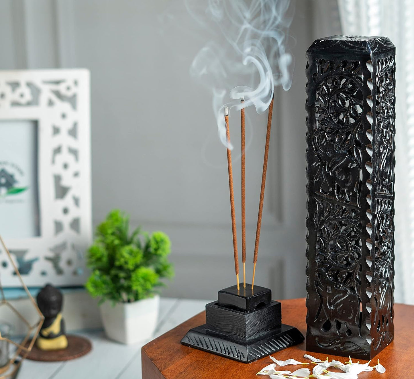 Crocon Black Marble Soapstone Incense Stick Burner Square Shape Leaf & Half Wheel Carving Tower Burner | Tea Light Candle Holder | Decorative Home & Kitchen Size - LxWxH 3X3X11 Inch