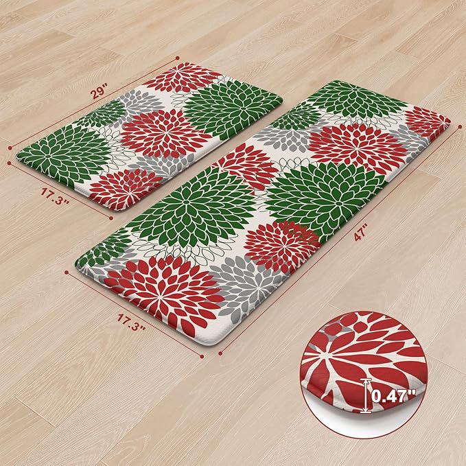 KIMODE Farmhouse Christmas Kitchen Rugs, Anti Fatigue Kitchen Mats for Floor 2 Piece, Memory Foam Kitchen Floor Mats Non Slip for Christmas Kitchen Decor Laundry Office Sink Red/Green 17"x47"+17"x29"