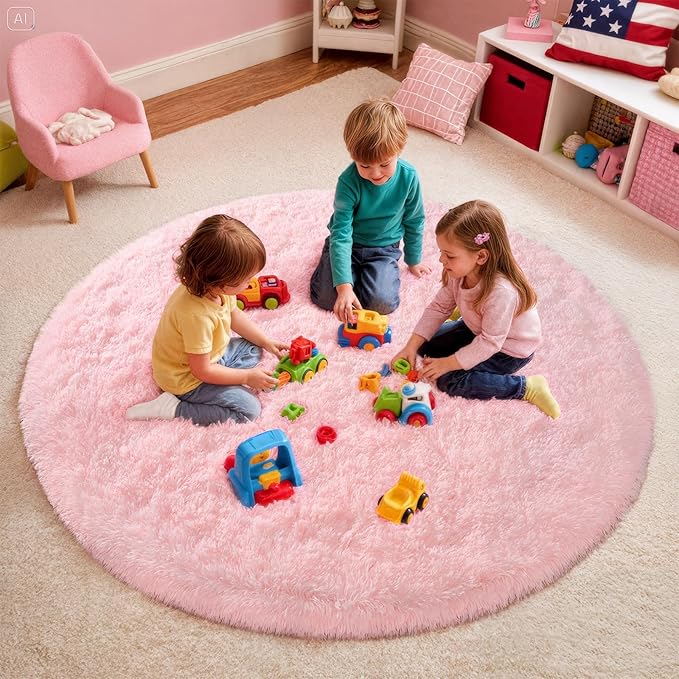 Pink Round Rug for Bedroom, 4Ft Fluffy Circle Area Rugs for Living Room, Shag Fuzzy Carpet for Kids Room, Nursery, Dorm, Classroom, Teen, Cute Baby Play Mat Home Decor Aesthetic