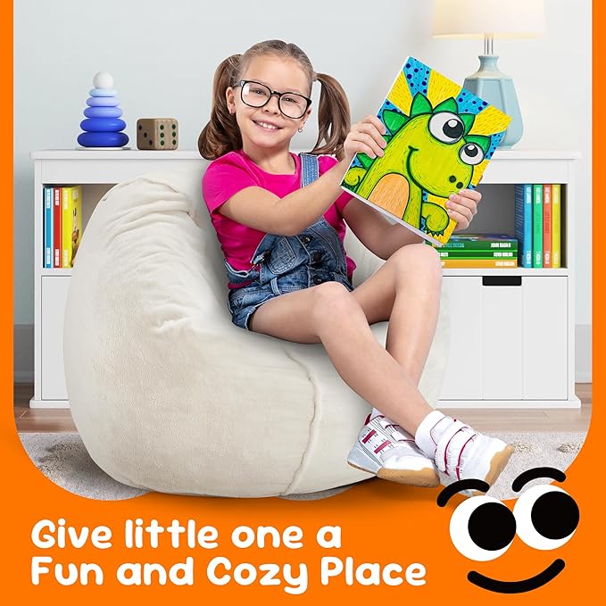 Hobestluk Bean Bag Chairs 2.5FT Bean Bag Chair with Memory Foam Filled & Plush Faux Fur Cover Small Bean Bag Chairs for Playroom, Living Room, Bedroom (White)