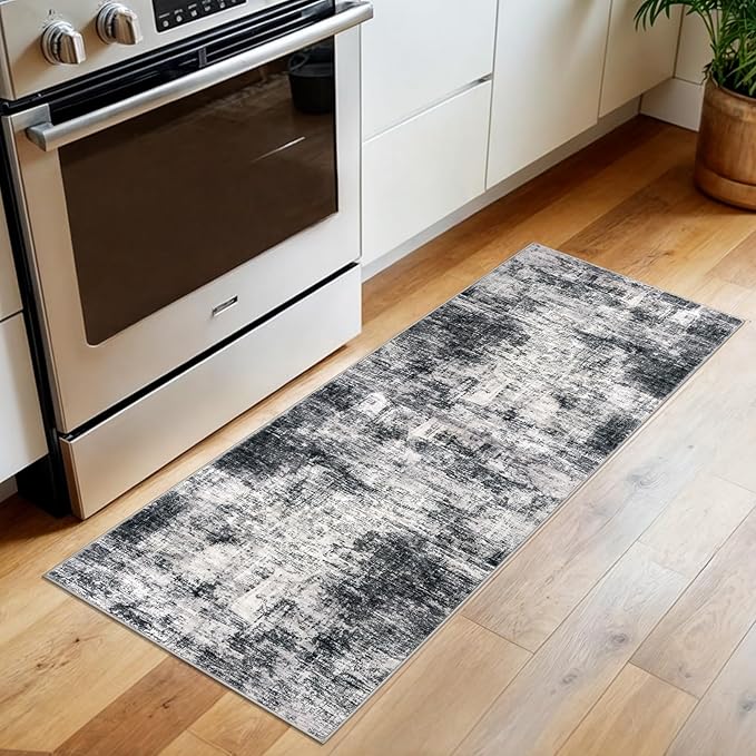 IOHOUZE Abstract Runner Rug 2x5 Ft Washable Runners for Hallways, Non Slip Kitchen Runner Printed Faux Wool Entryway Runner Indoor, Modern Abstract Floor Carpet for Hall Kitchen Bedroom, Black Grey