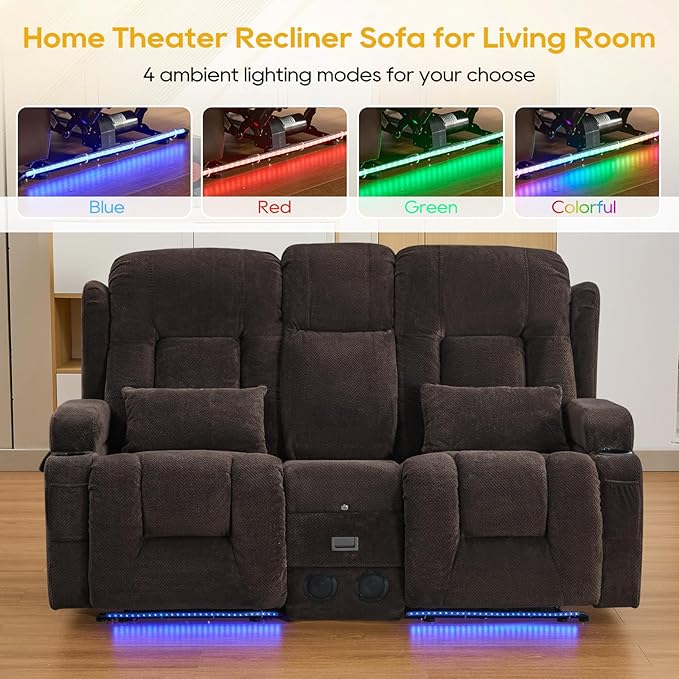 IPKIG 67" Power Reclining Loveseat Sofa, Electric Home Theater Seating with Console/4 Colors Ambient Lighting/Bluetooth Speakers/USB Ports/Built-in Outlets (Coffee, Loveseat Recliner)