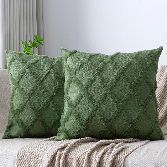 Set of 2 Soft Moroccan Throw Pillow Covers 22x22 Inch Plush Boho Decorative Pillow Cover Accent Cushion Case for Couch Sofa Bed, Olive Green
