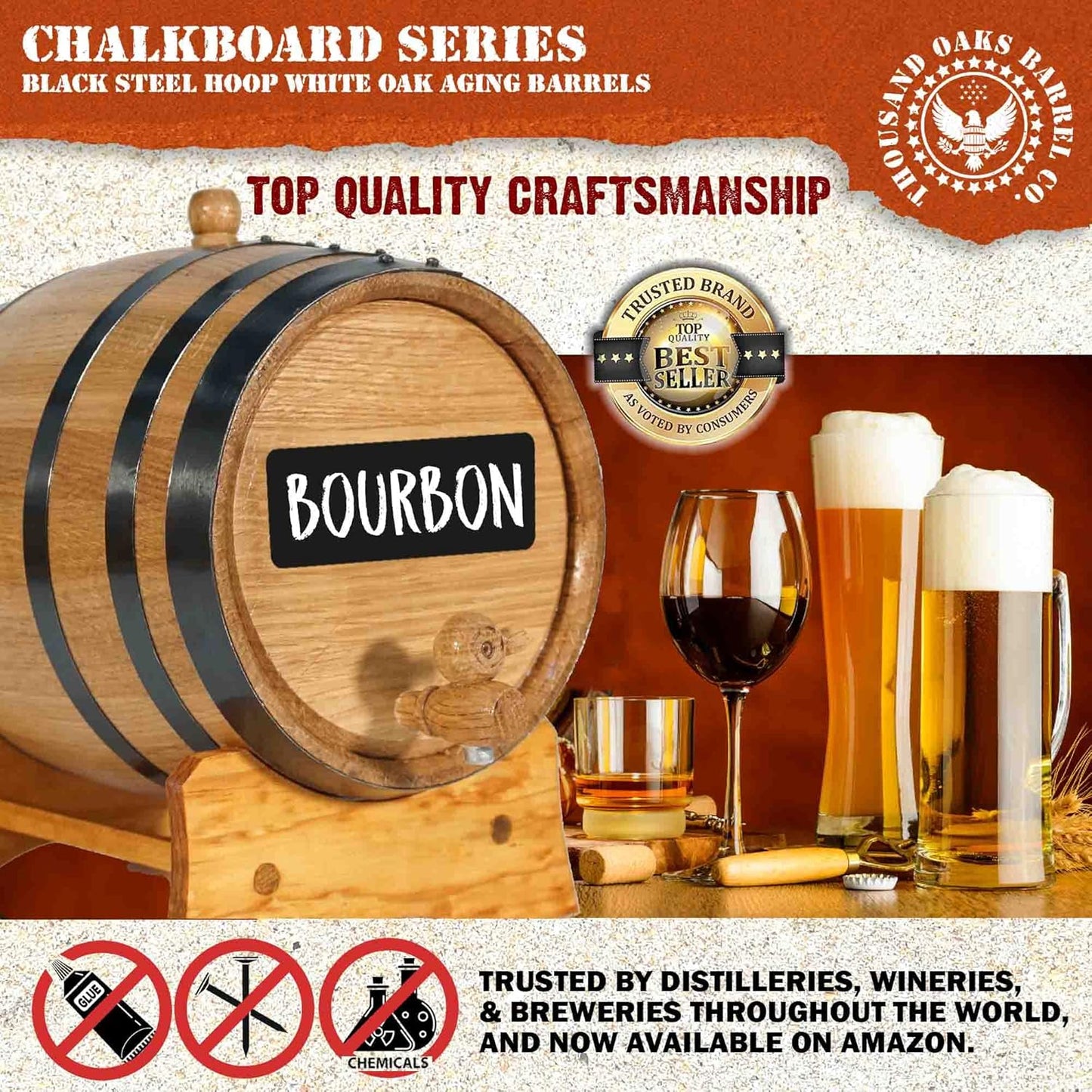 1 Gallon Oak Aging Barrel Dispenser (5 Liter) with Chalkboard Front, Wood Stand, Bung & Spigot - Charred Mini Bourbon Whiskey Barrels For The Home Brewer, Distiller, Wine Maker, Cocktail Aging