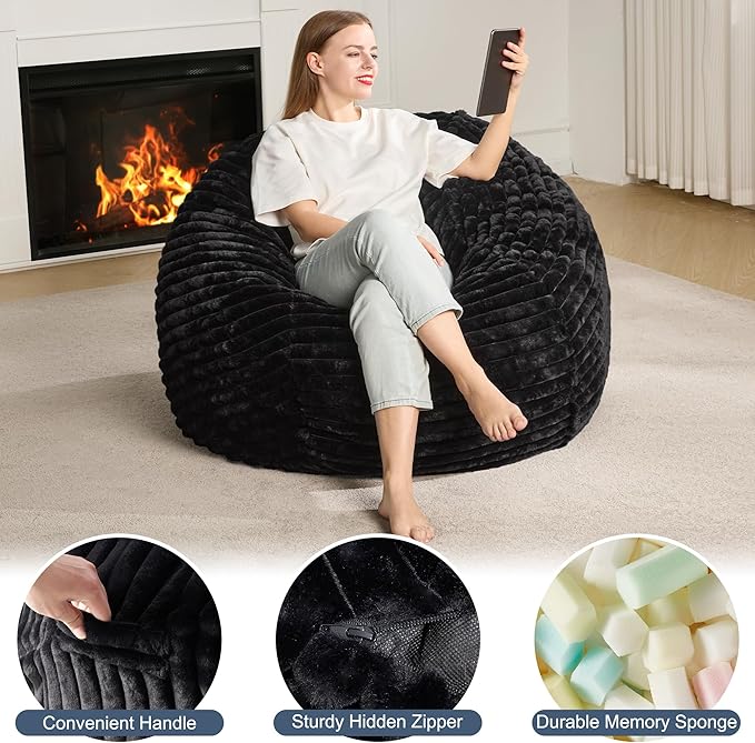 Hobestluk 3ft Bean Bag Chairs for Adults Large Beanbag Chair with Stripe Plush Cover Big Bean Bag Chair for Living Room Bedroom Dorm Office - Black (36” x 36” x 22”)