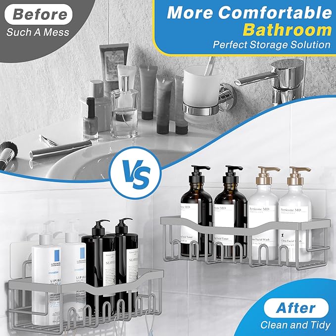5-Pack Rustproof Stainless Steel Shower Caddy Set– No Drill Adhesive Bathroom Organizer, Space-Saving Shower Shelves for Apartment Essentials, Bathroom/Kitchen Storage Home Decor-L Size