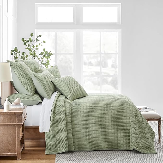 Levtex Home Mills Waffle Twin Bedspread Set (84x104in) with 1 Pillow Sham (26x20in) - Desert Sage - 100% Cotton Twin Size Bedspread Set - Lightweight, Soft, Pre-Washed