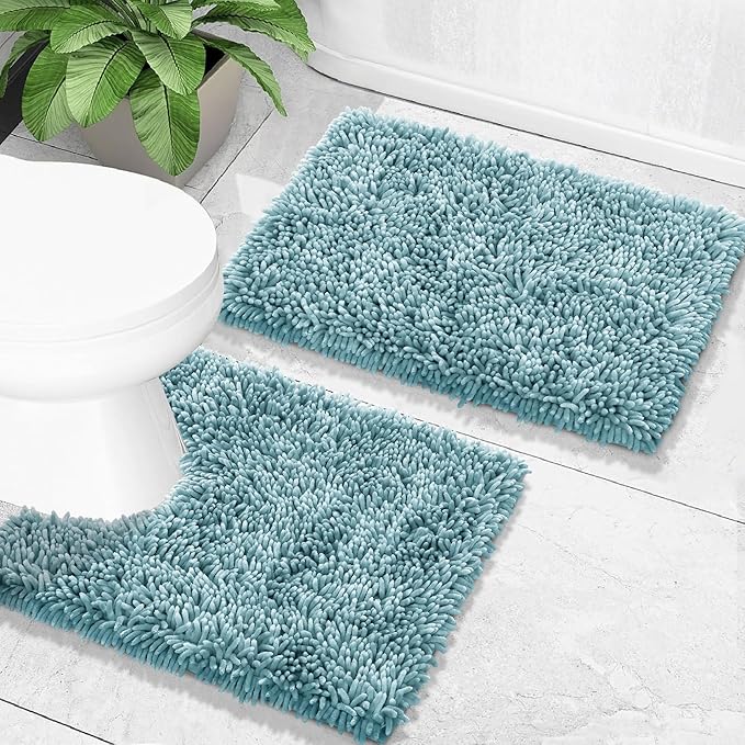 Yimobra Toilet Rugs U Shaped Washable, Extra Thick Soft Absorbent Chenille Contour Bathroom Rugs for Toilet 24x24 Inch, Quick Dry Non Slip Toilet Mat for Bath Floor, Greyish Blue