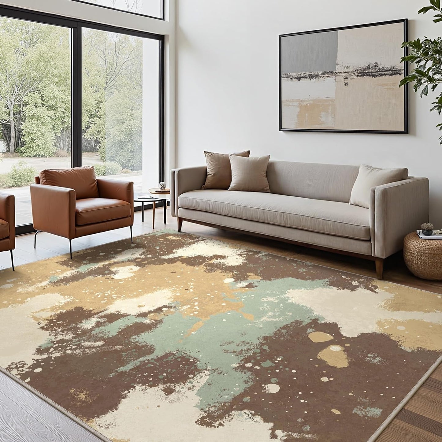 Area Rugs 8x10 for Living Room Bedroom, Modern Splash Abstract Machine Washable Rug, Large Soft Low Pile Floor Cover with Non Slip Backing for Dining Room, Green/Brown