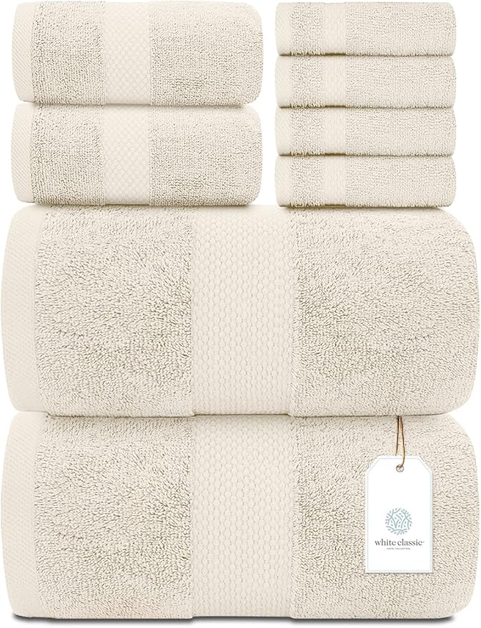 White Classic Luxury Bath Towel Set of 8 Pieces - 100% Turkish Cotton Highly Absorbent Towels for Bathroom, 2 Luxury Bath Towels 700GSM, 2 Hand Towels, 4 Washcloths, Ivory