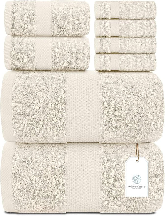 White Classic Luxury Bath Towel Set of 8 Pieces - 100% Turkish Cotton Highly Absorbent Towels for Bathroom, 2 Luxury Bath Towels 700GSM, 2 Hand Towels, 4 Washcloths, Ivory