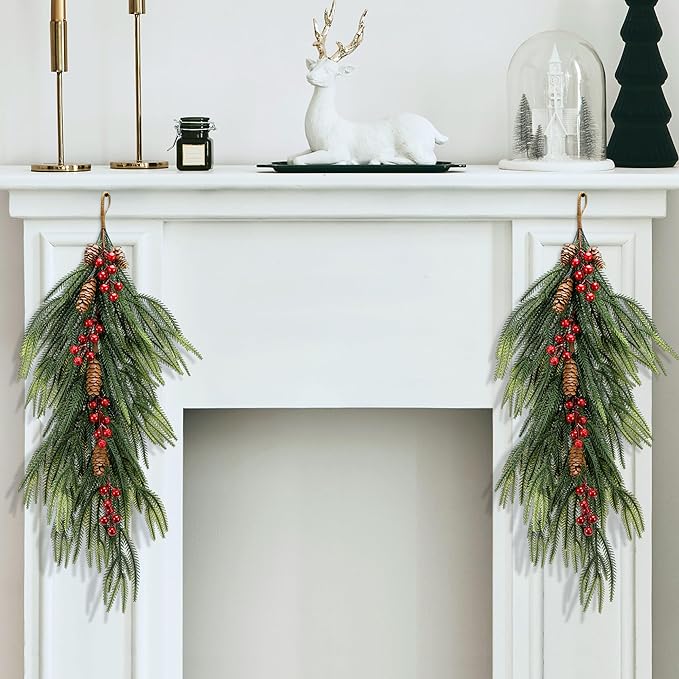 2 Pcs Artificial Christmas Teardrop Swag with Berries and Pinecones, Faux Berry Pine Branch Teardrop Door Swag, Real Touch Norfolk Wreath Greenery Staircase Swags for Xmas Door Mantle Fireplace Decor