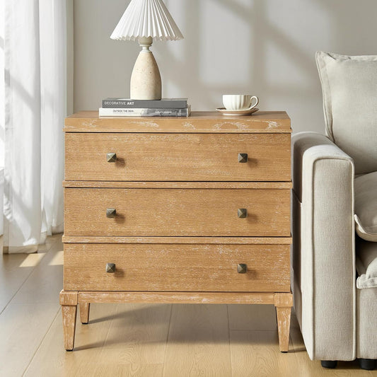 HULALA HOME 3-Drawer Nightstand with Charge Station, Farmhouse Nightstand with Solid Wood Legs(Acorn)