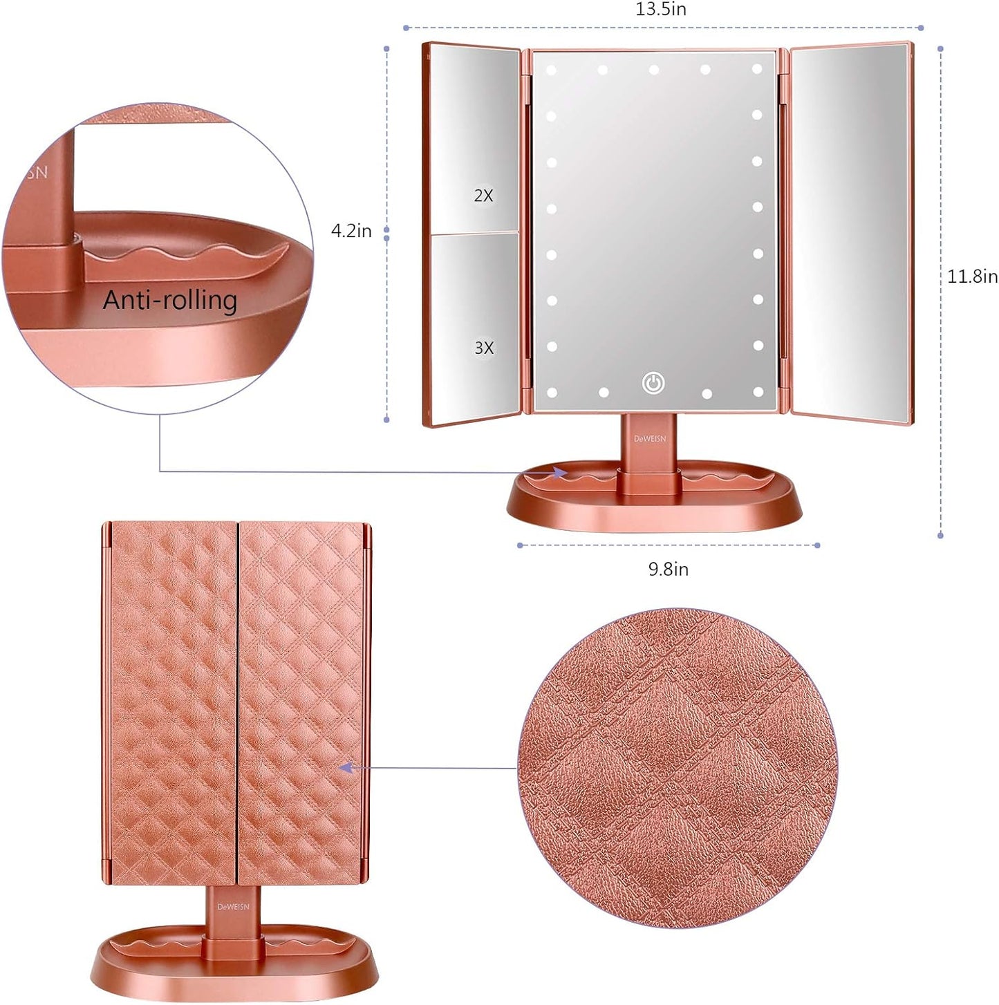 deweisn Trifold Lighted Vanity Makeup Mirror with 21 LEDs Lights,1x/2x/3x Magnification and Touch Screen Dimming,Two Power Supplies Makeup Mirror, Gift for Women