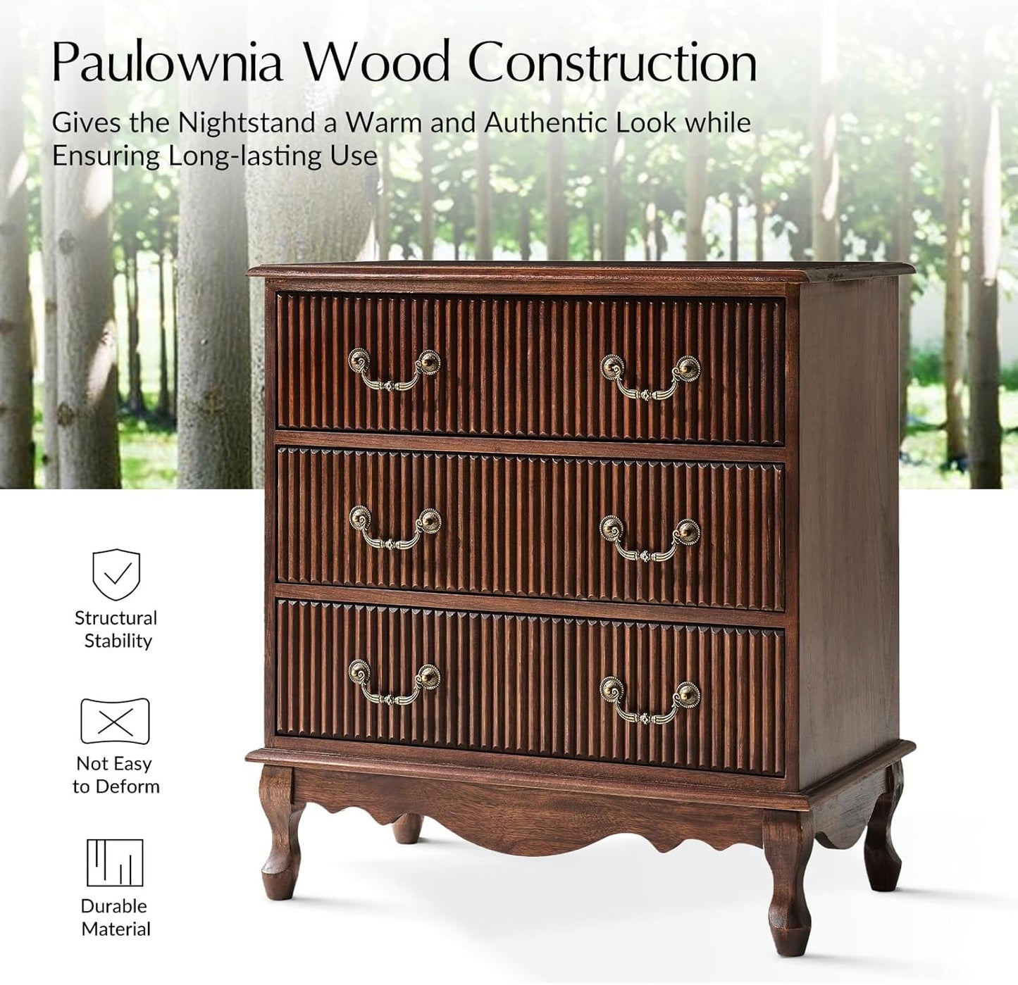 HULALA HOME Transitional Nightstand with 3 Drawers and Charging Station, 28" Solid Paulownia Wood Nightstand with Fluted Front Design, Walnut