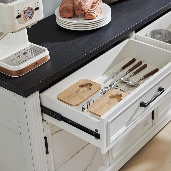 JXQTLINGMU 55" Large Buffet Sideboard Cabinet with 3 Doors and 2 Drawers, Buffet Table Coffee Bar Wine Bar Storage Cabinet for Dining Room, Living Room, Off White