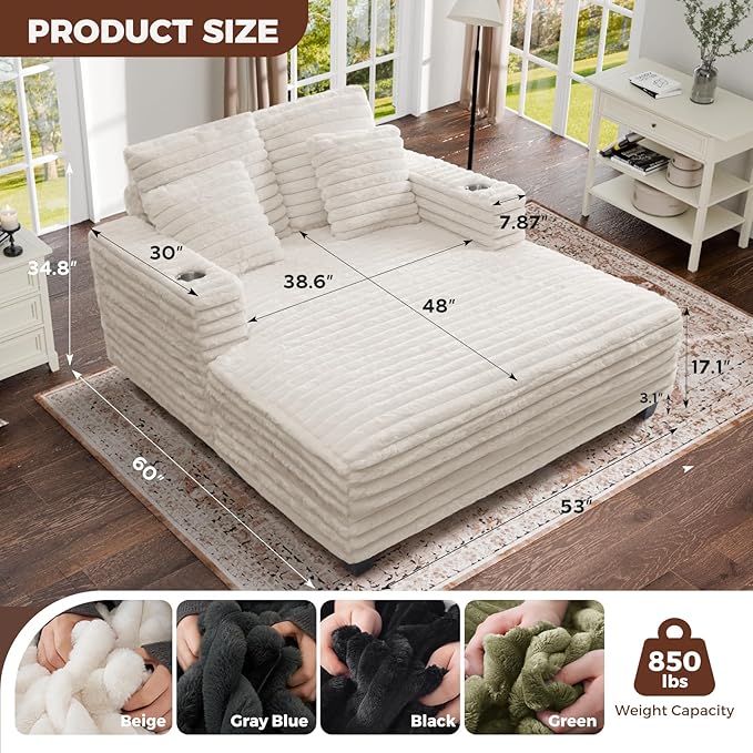 HUSFU 60'' Oversized Chaise Lounge Chair Indoor,Sleeper Cloud Chair,Chaise Lounge Sofa Bed with Cup Holder and Pillows,Plush Chairs Bed for Living Room Bedroom,Beige