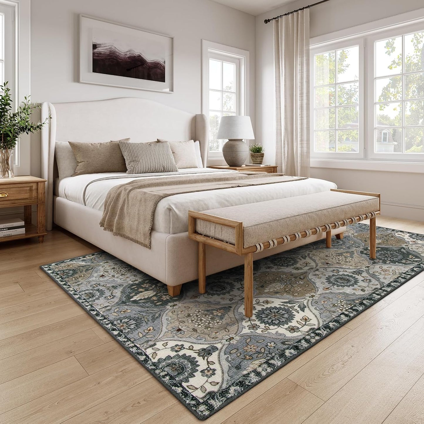 Lahome Moroccan Washable Living Room Rug, 5x8 Rugs for Bedroom Dining Room, Soft Non-Slip Non Shedding Boho Distressed Throw Carpet for Nursery Office, Grey