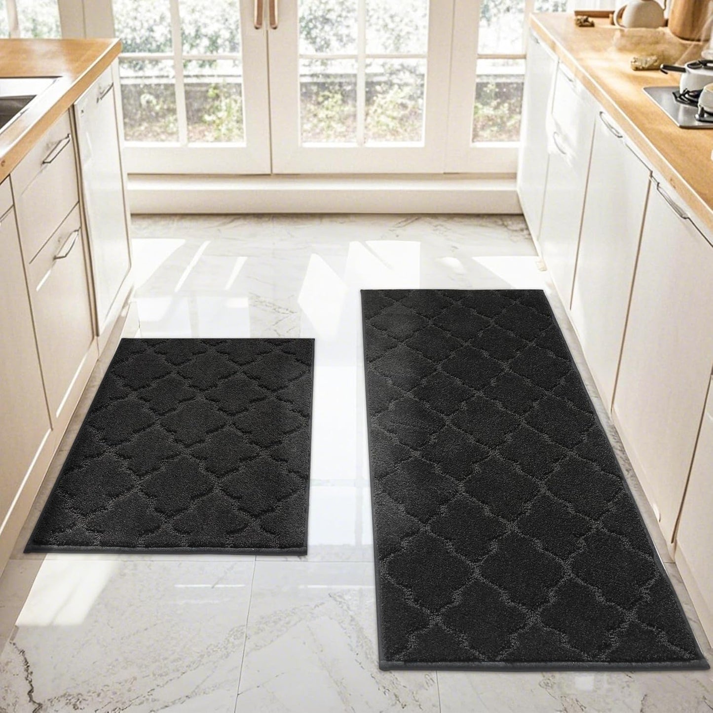 JSEI Kitchen Rugs, Non-Slip Kitchen Mats for Floor, Soft Washable Absorbent Kitchen Mats 2 Pieces, Kitchen Carpet Runner with TPR Backing, Polyester, 20”x32”+20”x48”, Black