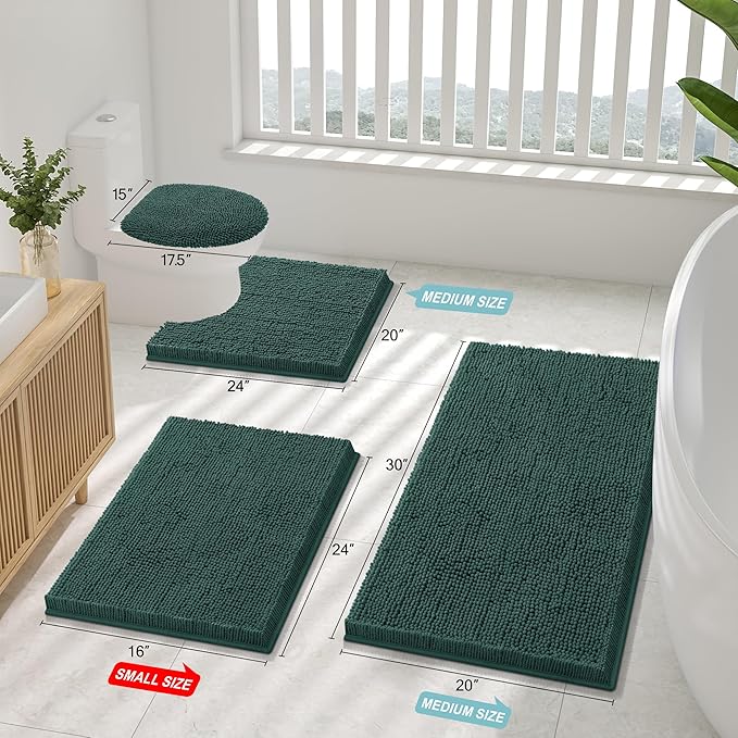 Smiry Luxury Chenille Bathroom Rugs 34x21, Extra Soft and Absorbent Shaggy Bath Mat, Machine Washable, Non-Slip Plush Carpet Runner for Tub, Shower, and Floor, Home Decor Accessories, Green