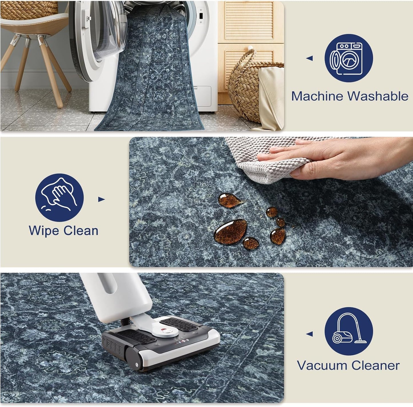 Vintage Blue Rugs for Living Room, Ultra-Thin Washable Rugs 8x10 Area Rugs for Bedroom Non Slip, Stain Resistant Vintage Carpet Rug for Dining Room High Traffic Area (8'x10', Blue)