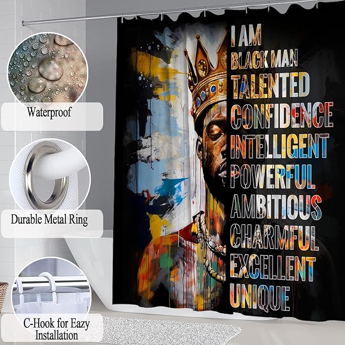 4Pcs Black King Bathroom Shower Curtain Sets, Colorful Inspirational Quote Shower Curtains with Rugs Toilet Lid Cover Bath Mat, Cool Unique Black Man Bathroom Decor Accessories Set