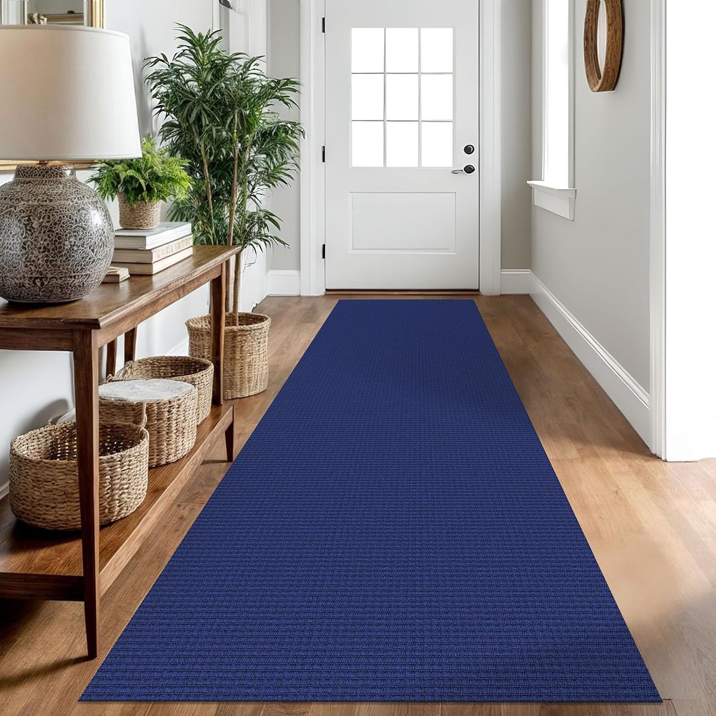 IOHOUZE Washable Runner Rug 2.6x10 Non Slip Rubber Backed Long Hallway Runner Entryway Runner Indoor, Kitchen Rugs Woven Cotton Floor Carpet for Hall Entrance, Royal Blue/Navy