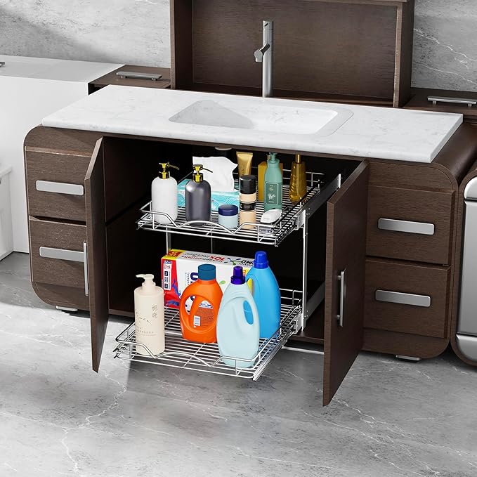 HOLDN’ STORAGE 2-Tier Pull Out Cabinet Organizer, Individual Sliding Drawers - Heavy Duty Metal with Lifetime Limited Warranty - Anti Rust Chrome Finish - 12.5" W x 21" D x 16.5" H