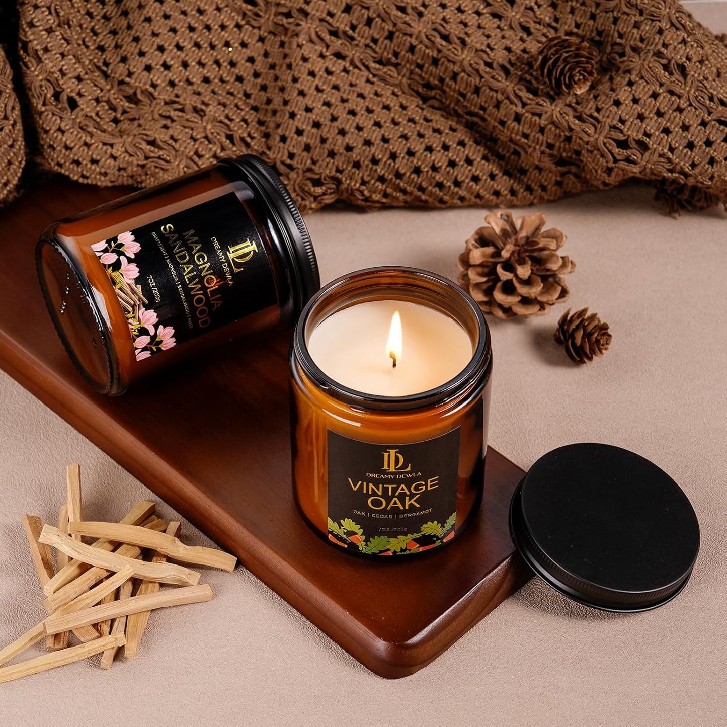 Magnolia & Sandalwood Scented Candles, Soy Candle for Home Scented, Masculine Amber Jar Candles Gifts for Men Women, 7oz