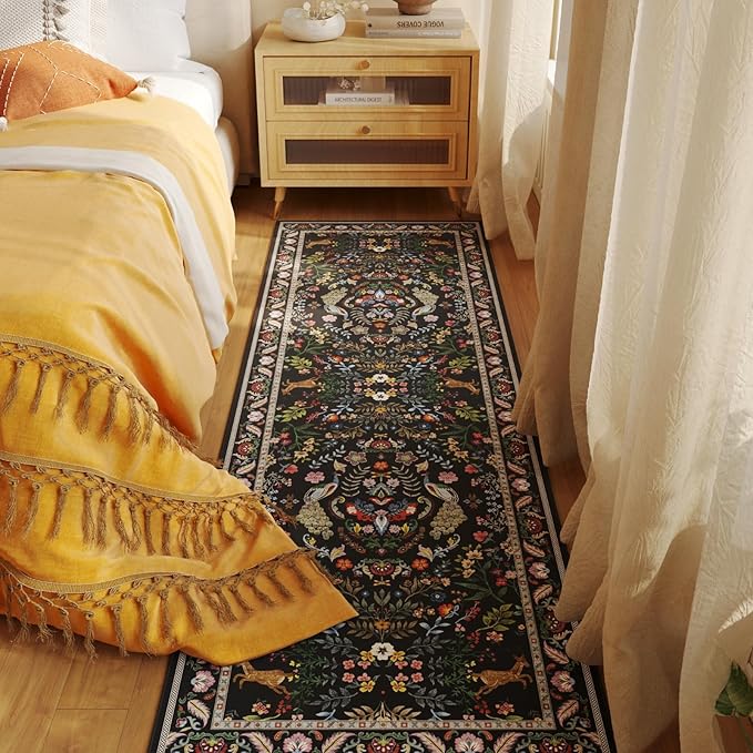 Runner Rug Washable Kitchen Runner 2'x6' Rug Floral Non-Slip for Entryway Indoor Soft Carpet for Hallways, Kitchen, Laundry, Bedroom, Bathroom (Vibrant Black)