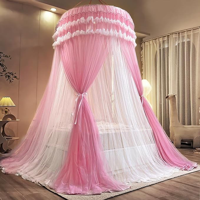 Kertnic Dreamy Bed Canopy for Girls, Princess Canopy Curtains Double Layer Sheer Mesh, Kids & Adults Canopies Netting Room Decor Tent Mosquito Net for Queen King Bed (Double Layer-Peach Pink)