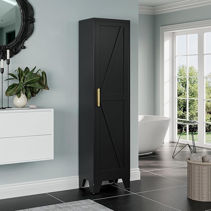 67''Farmhouse Metal Storage Cabinet with Barn Doors,Steel File Cabinet for Home Office,Kitchen Pantry 4 Adjustable Shelves,Freestanding Cupboard for Kitchen,HomeOffice (Black)