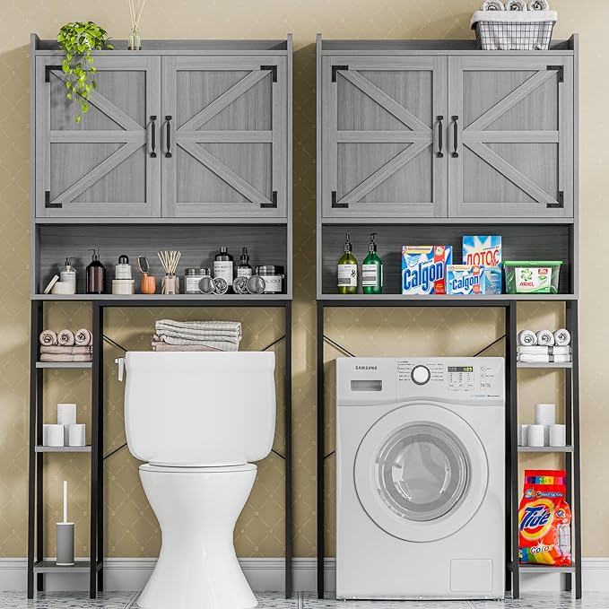 Over The Toilet Storage Cabinet, Farmhouse Storage Cabinet Over Toilet with Barn Doors & Toilet Paper Holder Stand，Home Space-Saving Toilet Rack, for Restroom/Laundry and Bathroom