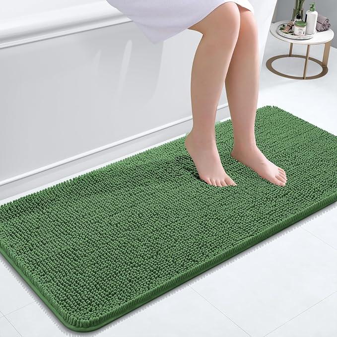 OLANLY Bathroom Rugs 47x20, Extra Soft Absorbent Chenille Bath Rugs, Rubber Backing Quick Dry, Machine Washable Bath Mats for Bathroom Floor, Tub and Shower, Home Decor Accessories, Olive Green