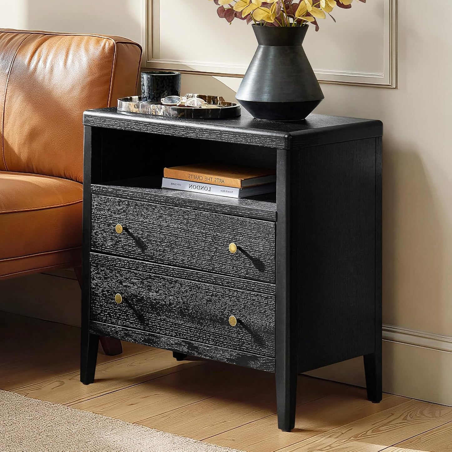 HULALA HOME Nightstand with Charging Station, Modern 2 Drawer Night Stand with Solid Wood Frame, Large Wood Bedside Table with Open Storage Space, Charcoal