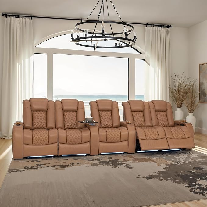 Seatcraft Diamante Zero-Gravity CoolZero Italian Leather Home Theater Seating, Power Headrest, Power Recline, Row of 5 Dual Loveseats, Tan Oak