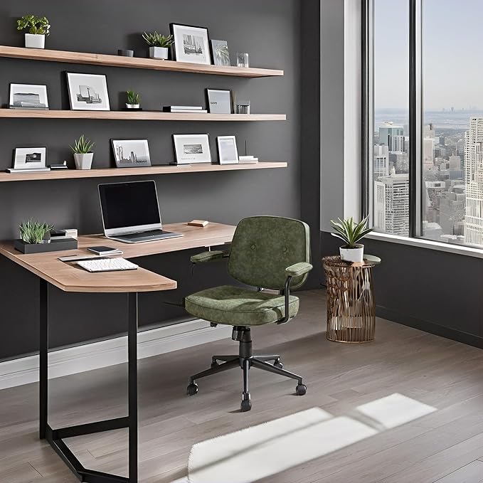 LukeAlon Adjustable Pu Leather Tiltable Office Chair, Comfy 360°Swivel Task Chair with Armrest Modern Thickened Seat Desk Chair with Button Tufted for Home Office, Green