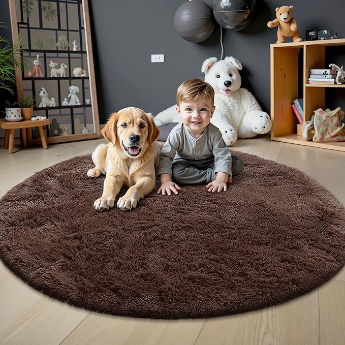OLANLY Coffee Round Rugs for Bedroom - Machine Washable, 6 ft Circle Area Rugs for Living Room, Soft and Fluffy Shaggy Carpet for Teen Girls and Boys, Nursery Rooms, Dorms, Home Decor Aesthetic