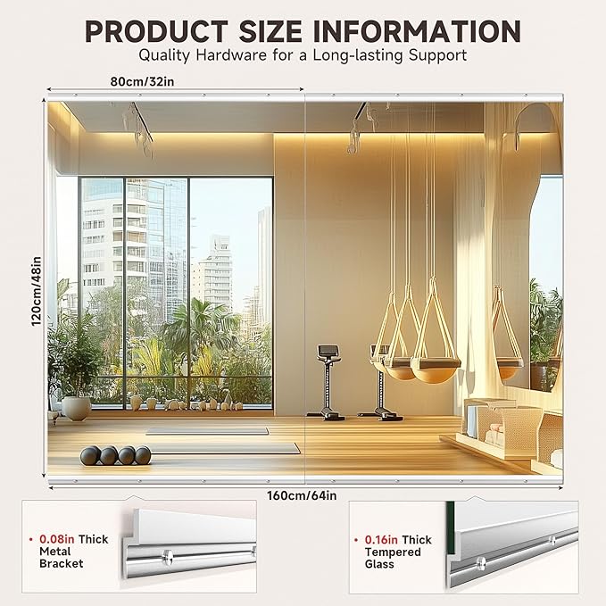 Home Gym Mirror, 48'' x 32'' x 2PCS, Large Full Body Mirror for Yoga, Frameless Tempered Glass, Wall Mounted for Home Gym, Garage, Bedroom, Bathroom