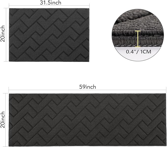 hicorfe Kitchen Rugs and Mats Sets,2 Pieces Super Absorbent Polypropylene Non-Slip Rug,Soft Comfort Floor Mat,Machine Wash for Kitchen,Hallway,Office,Sink,Laundry(20" x 31.5"+20" x 59",Charcoal)