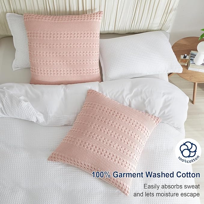 PHF 100% Cotton Waffle Weave Pillow Covers 24" x 24", 2 Pack Luxury Square Shell for Elegant Home Decor, No Filling, Luxury Aesthetic Soft Pillow Covers for Bed, Pink