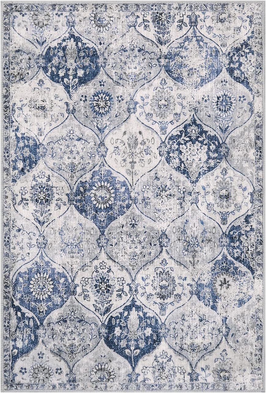 Lahome Moroccan Trellis Washable Rug, 2x3 Kitchen Rugs for Entryway Bathroom, Non-Slip Indoor Door Mat Ultra-Thin, Small Oriental Throw Carpet for Bedroom Entry, White/Royal Blue